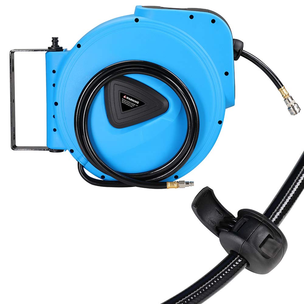 Bakaji Enrouleur de tuyau d'air comprimé avec tuyau 30 m raccord 1/4" fixation murale système verrouillage automatique, gain de place, accessoire compresseur d'air comprimé, pression maximale 18 bar