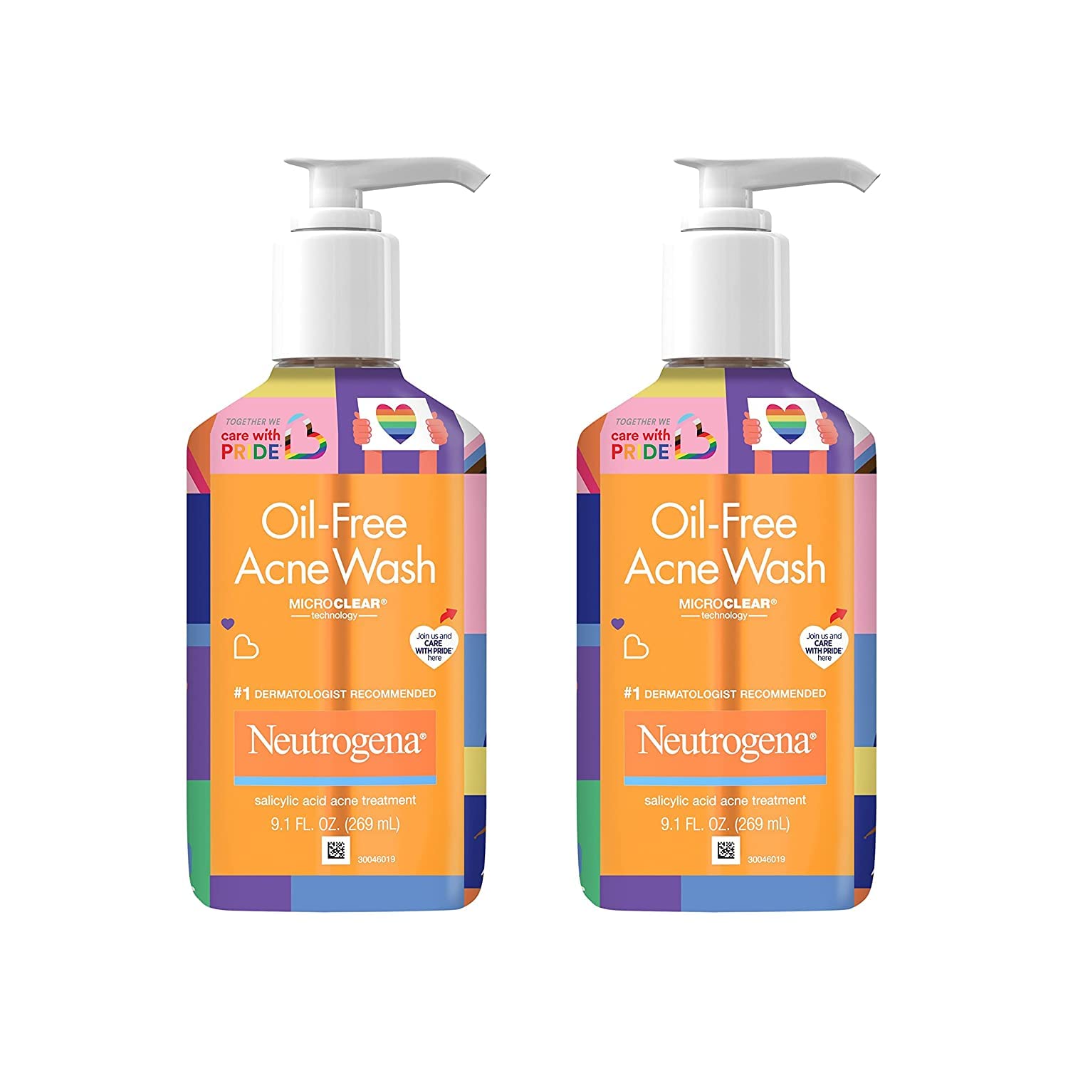 Neutrogena Oil-Free Acne Fighting Facial Cleanser, 2% Salicylic Acid Acne Treatment, Daily Oil Free Acne Face Wash, Special Care with Pride Packaging, Value Two Pack, 9.1 fl. oz