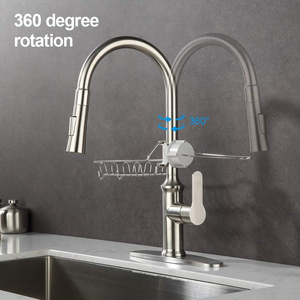Exclusive Discount 🔥 GUSITE Brushed Nickel Kitchen Sink Faucet with Pull Down Sprayer, Single Handle Stainless Steel Pull Out Kitchen Faucet for Camper Farmhouse RV Kitchen Sink, with Deck Plate and Sponge Basket (B)