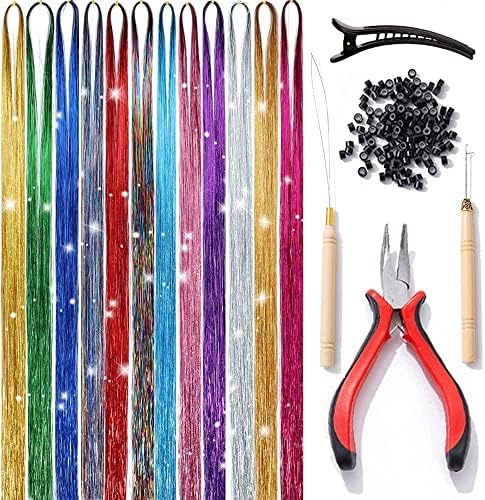 Haidi hair 47 Inch Hair Tinsel with Tools 12 Colors 2400 Strands Hair Tinsel Kit Glitter Fairy Tinsel Hair Extensions for Women Girls Kids Synthetic 12Pcs Highlights Hair Pieces