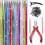 Haidi hair 47 Inch Hair Tinsel with Tools 12 Colors 2400 Strands Hair Tinsel Kit Glitter Fairy Tinse
