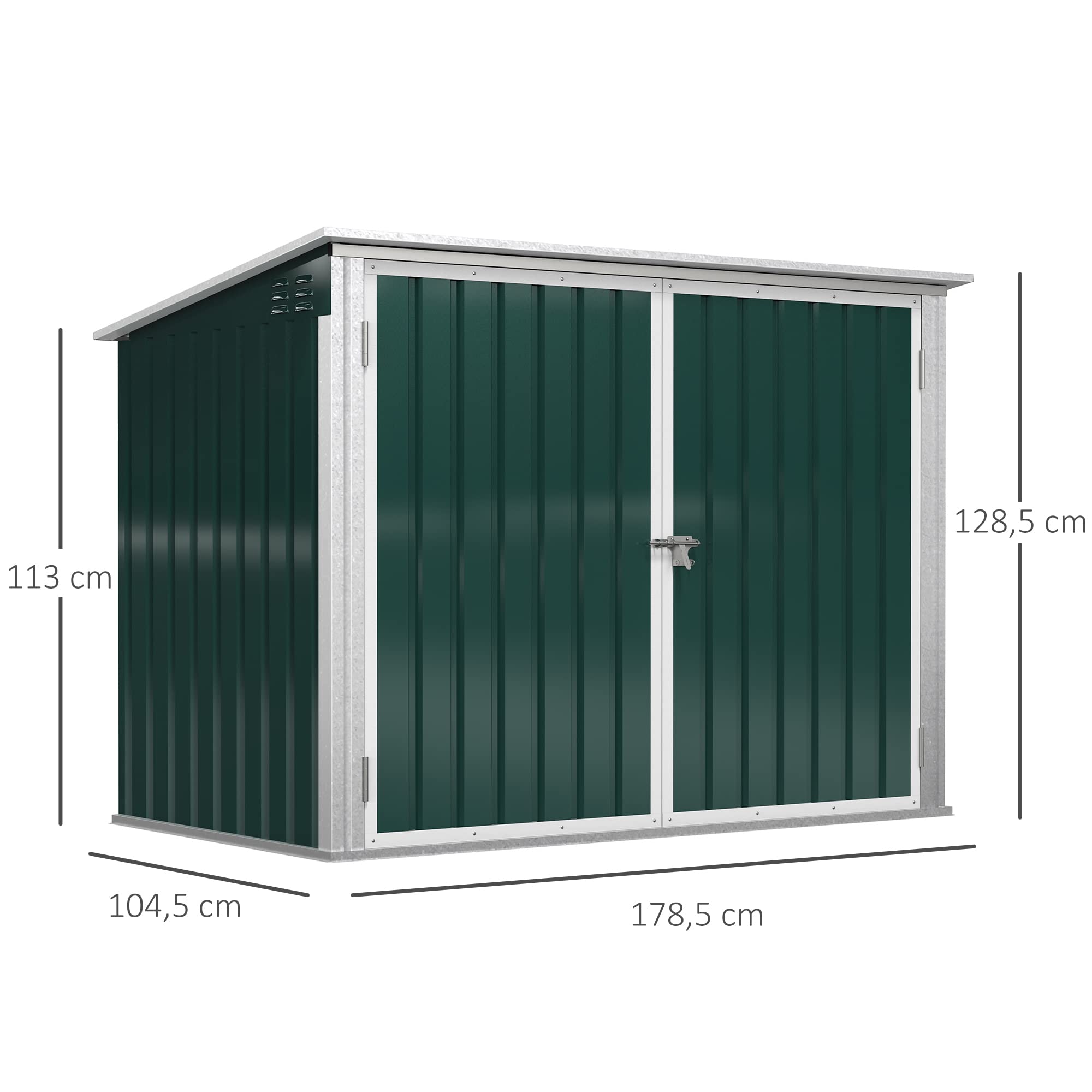 Outsunny Abri Cache Poubelle Double avec Deux Portes et Ouverture Dessus en Acier galvanisé - 178,5 x 104,5 x 128,5/113 cm Vert