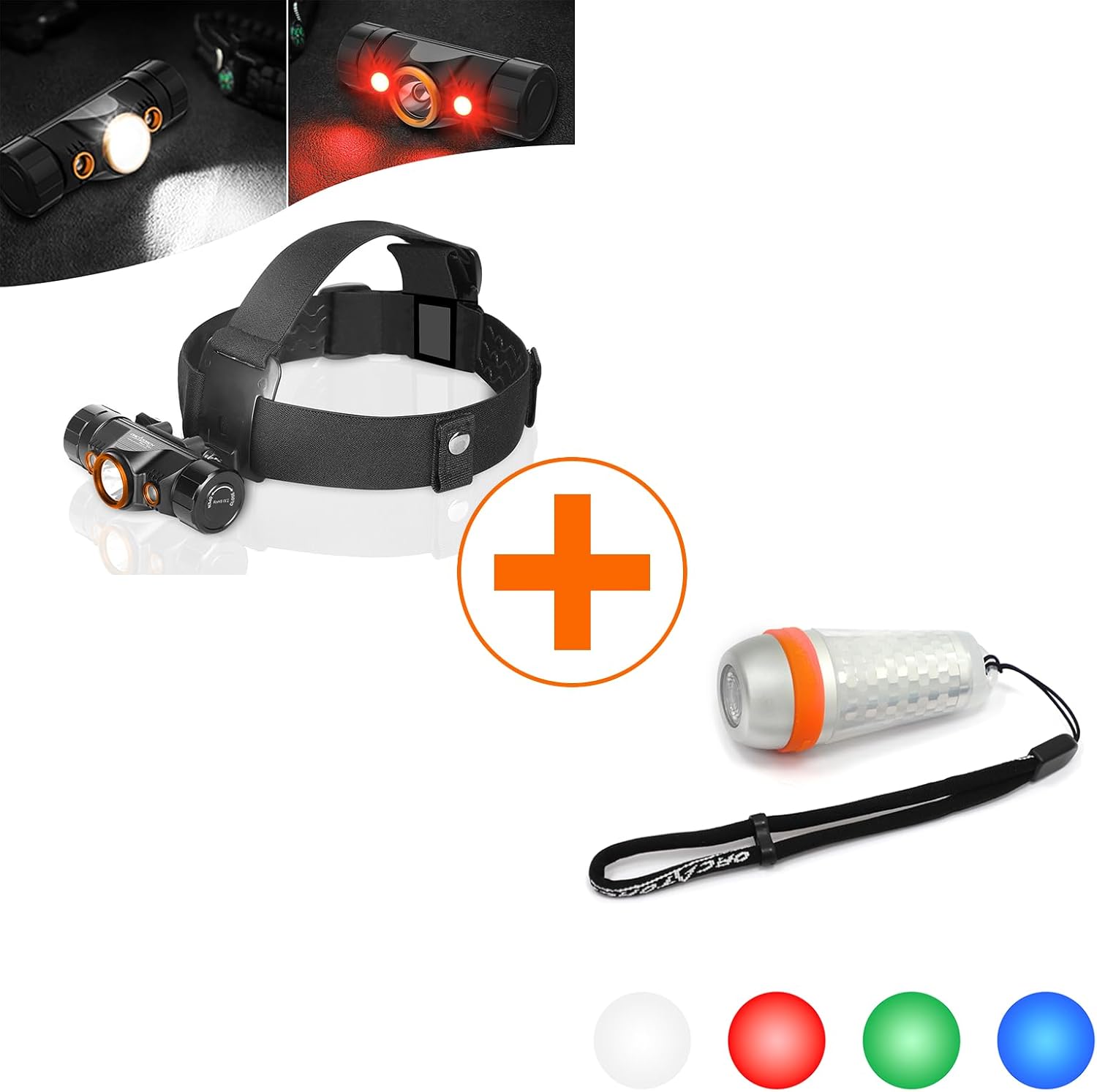 ORCATORCH TD01 Diving Headlamp Dual-Color (White/Red) SD03 Dive Beacon 4-Color-in-1 Bundle