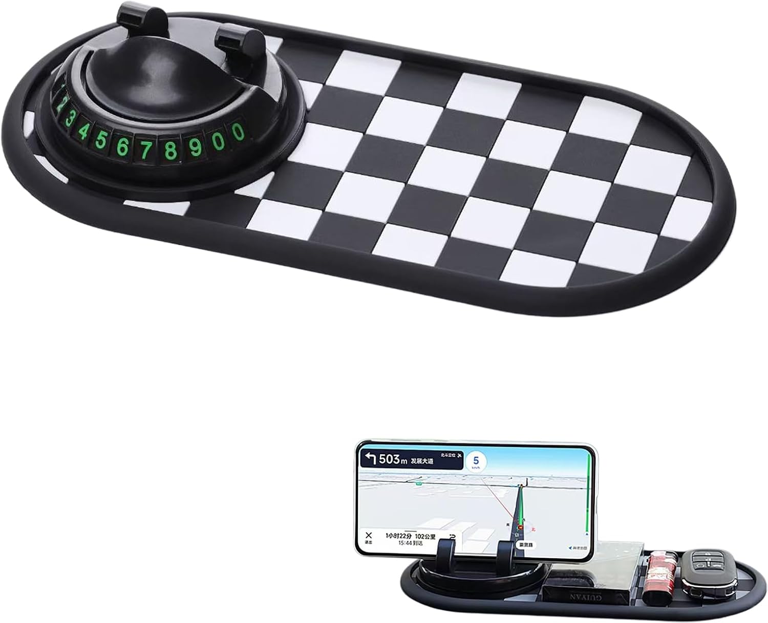 Dashboard Mat with 360° Rotating Phone Holder,Temporary Parking Number Display,Sunglasses and Keys Gadget (White)
