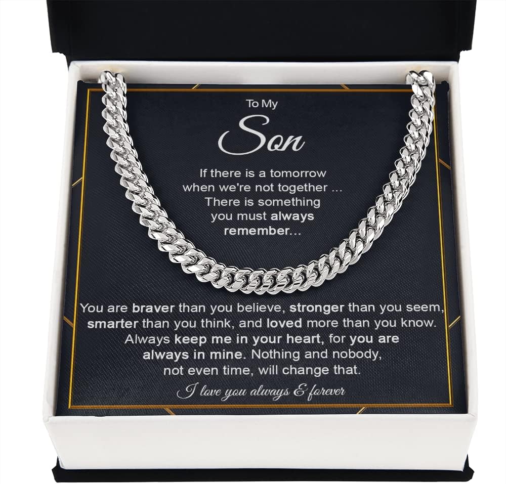 To My Son Cuban Link Chain Necklace from Mom or Dad, Stainless Steel Pendant Jewelry, Son Necklace with Message Card and Box Meaning on Birthday Christmas Gift - Image 2
