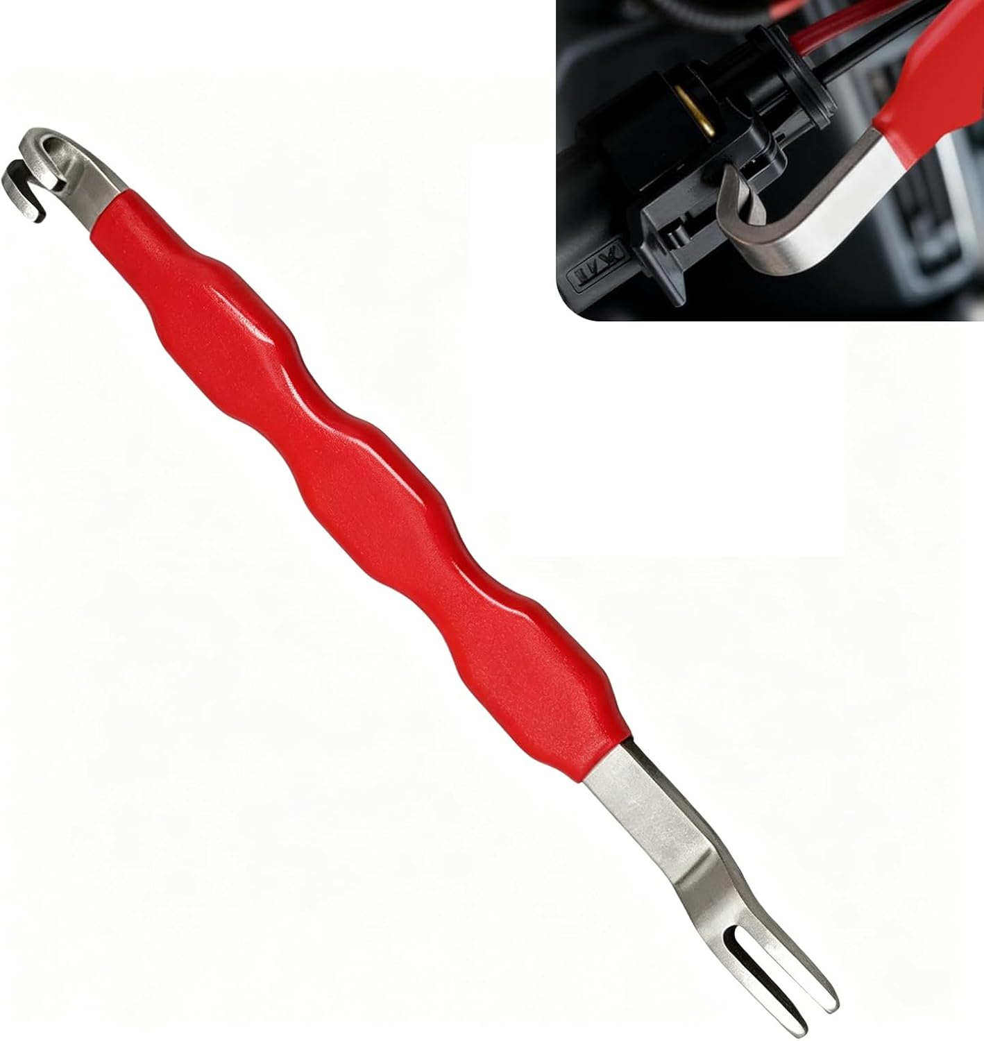 Car Cable Connector Removal Tool, Stainless Steel Automotive Cable Terminal Connector Removal Tool, 2-in-1 Bent/Straight Head Separator, Universal for Most Car (Red)