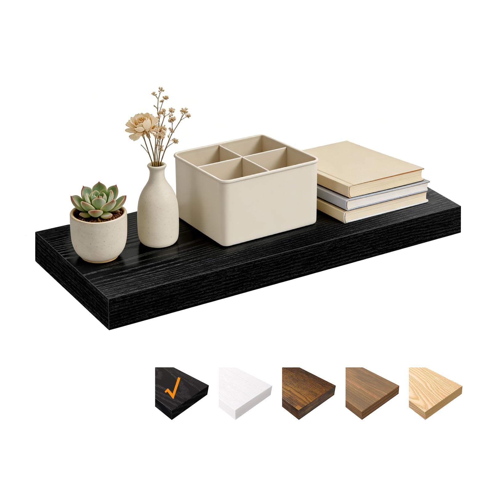 RICHER HOUSE Black Floating Shelves for Wall, 60 x 23.5 x 3.8 cm Wooden Shelves, Wall Decor with Invisible Brackets for Bedroom, Living Room, Bathroom, Kitchen, Laundry, Office