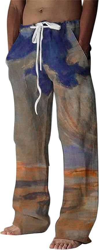 WABEOR Mens Pajama Pants Cotton Linen Loose Fit Straight Leg Sleep Pants Casual Comfy Elastic Waist Drawstring Soft Pajamas