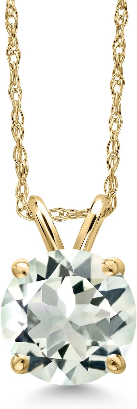 Gem Stone King 14K Yellow Gold Green Prasiolite Pendant Necklace for Women | 1.10 Cttw | Gemstone Birthstone | Round 7MM | With 18 Inch Chain