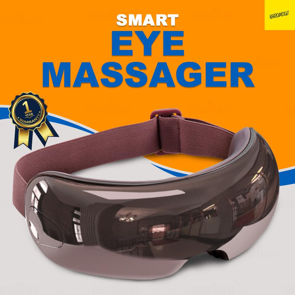Karomouj Relaxing Eye Massager Improve Sleep with Eye Strain Relief, Heat Air Bag Compression Massage Technology, Bluetooth Music, Voice Instruction (Brown)