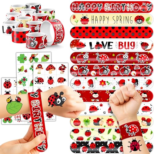 72 PCS Ladybug Party Set: 48 PCS Temporary Tattoos & 24 PCS Slap Bracelets -Themed Gifts for Kids, Girls, Boys Perfect for Birthday Parties, Baby Showers, Classroom Rewards, Party Decorations