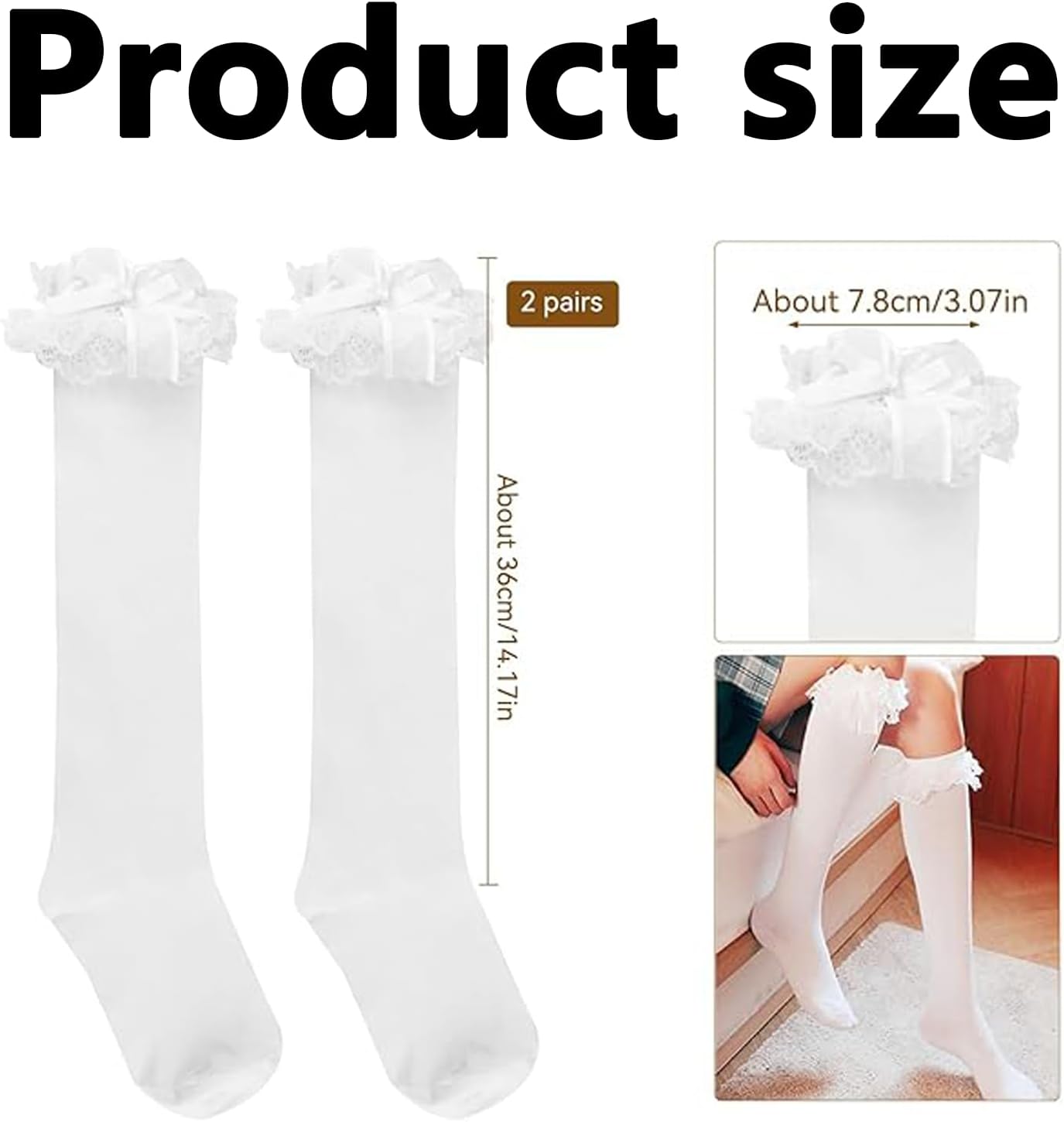 2 Pack Girls Knee High Socks Bow,Calf Socks Bow,Cotton Lace Ruffle Girls Sock,White long Lolita Frilly Lace Ruffle Trim Sock for Costume Cosplay Dating Dance - Image 4