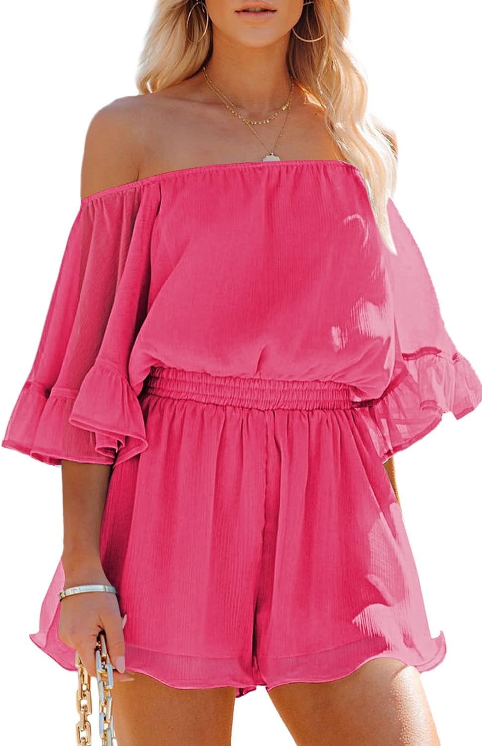 Fixmatti Women Boho Summer Romper Casual Floral Print Off Shoulder Strapless Shorts Jumpsuits