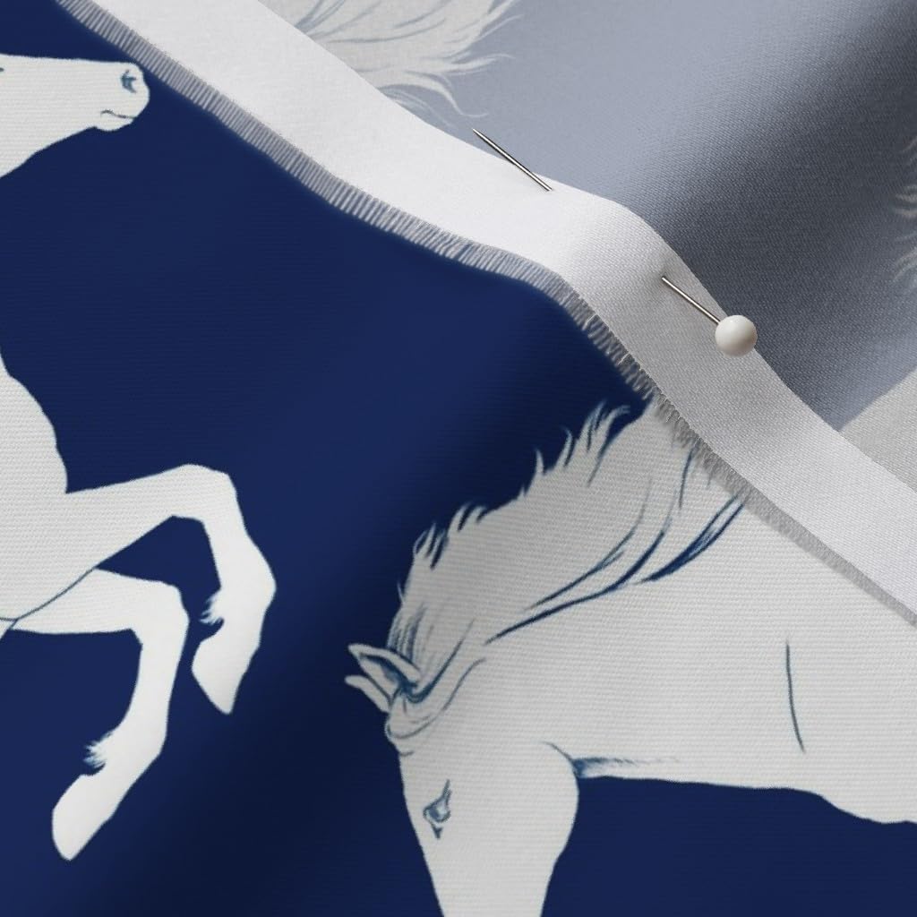 Spoonflower Fabric - White Navy Pony Horse Equestrian Printed on Organic Cotton Sateen Fabric by The Yard - Sewing Quilting Apparel Home Decor