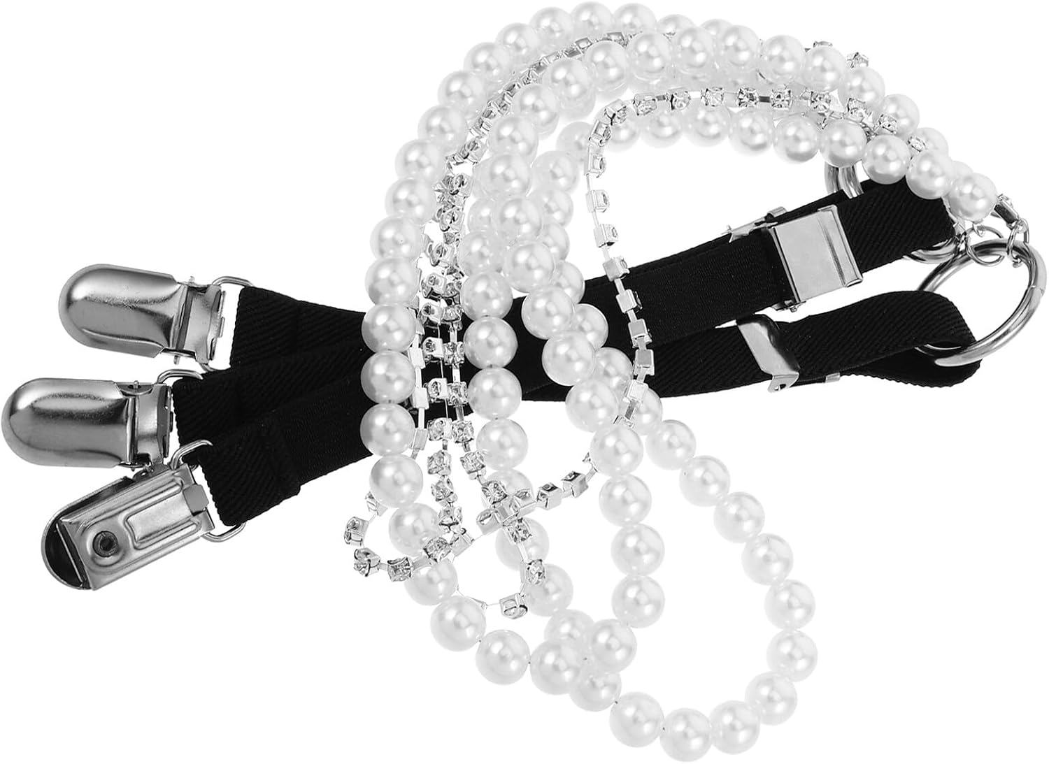 Adjustable Y-shape Pearl and Rhinestone Suspenders for Women, Elastic Hidden Back Strap Belt for Pants and Skirts, Black Stretch Waist Accessory for Fashion and Daily Wear