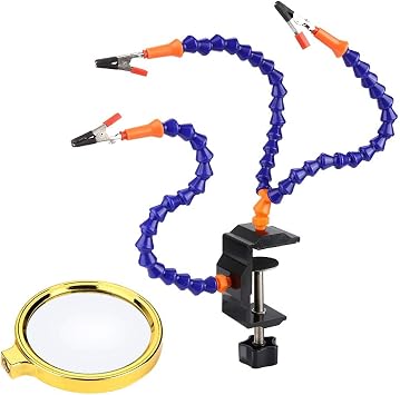 Adjustable Dual Arm Mount, Versatile Desk Clamp with Fan and Magnifier Lens, Aluminum Alloy Table Holder for Crafters, Hobbyists, Workshop Professionals