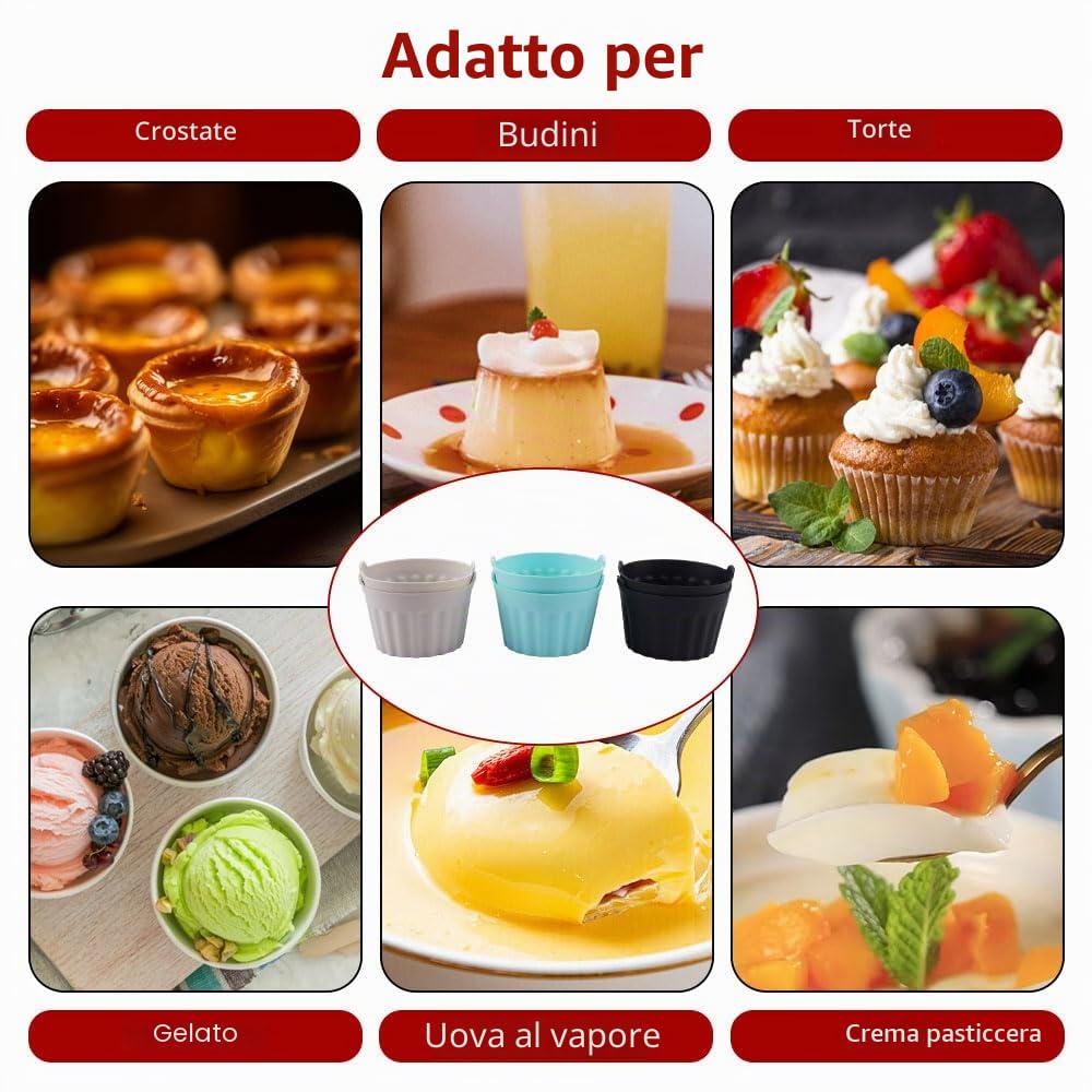 6 Pezzi Pirottini per Friggitrice ad Aria, Pirottini Silicone Senza BPA, Stampo per Uova in Silicone Antiaderente, Riutilizzabile Stampi per Muffin per Cupcake, Budini, Gelatina (Grigio + Blu + Nero)