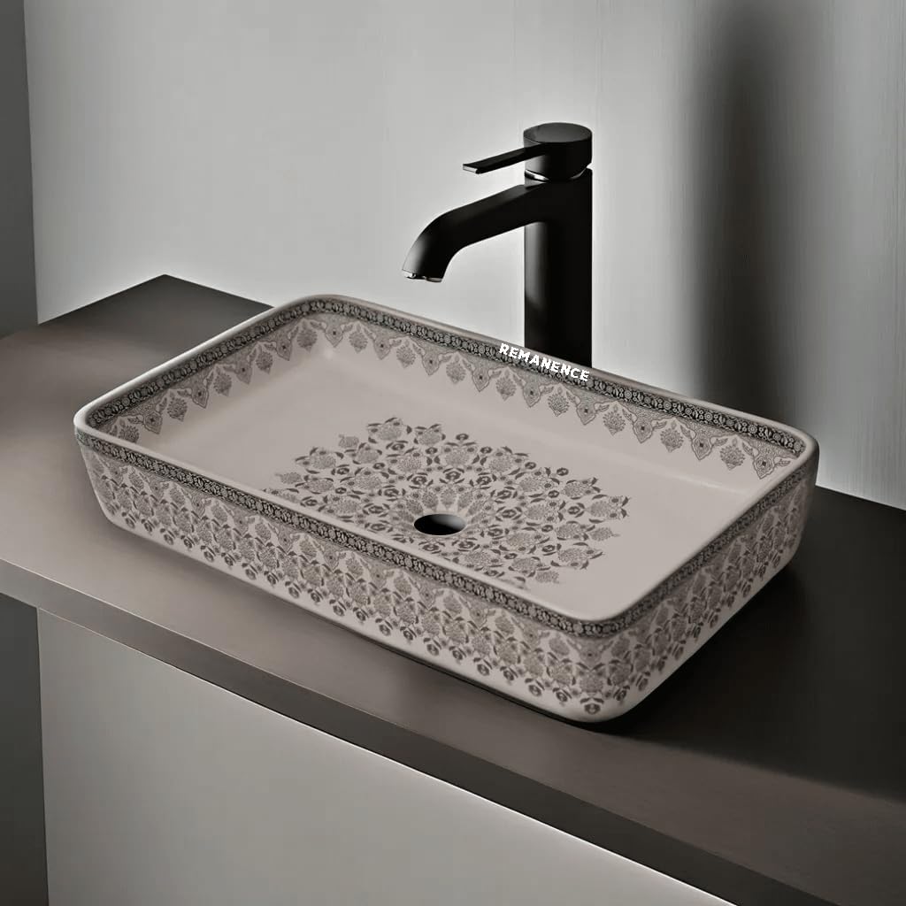REMANENCE Designer Table Top Wash Basin For Bathroom | Ceramic Bathroom Sink | Wash Basin Over Counter Bathroom Basin (24 x 14 x 4 Inch) (Moroccan Design White N Black SL 91)