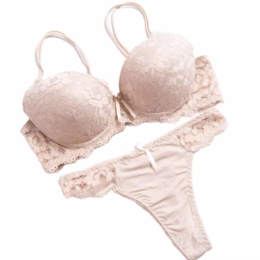 GANGCHENG Ladies Lace Lingerie Plunge Padded Underwire Bra Underwear Panties Set 36D Beige