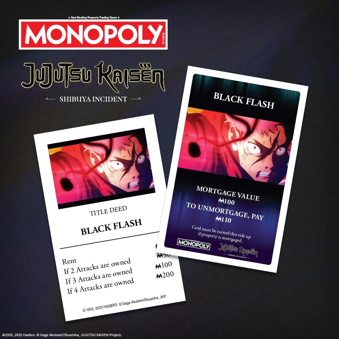 MONOPOLY: Jujutsu Kaisen Edition Board Game, Buy Sell Trade Locations from the Shibuya Incident Arc, Featuring 6 Custom Tokens: Yuji Itadori, Panda, Satoru Gojo & More, Officially Licensed Collectible