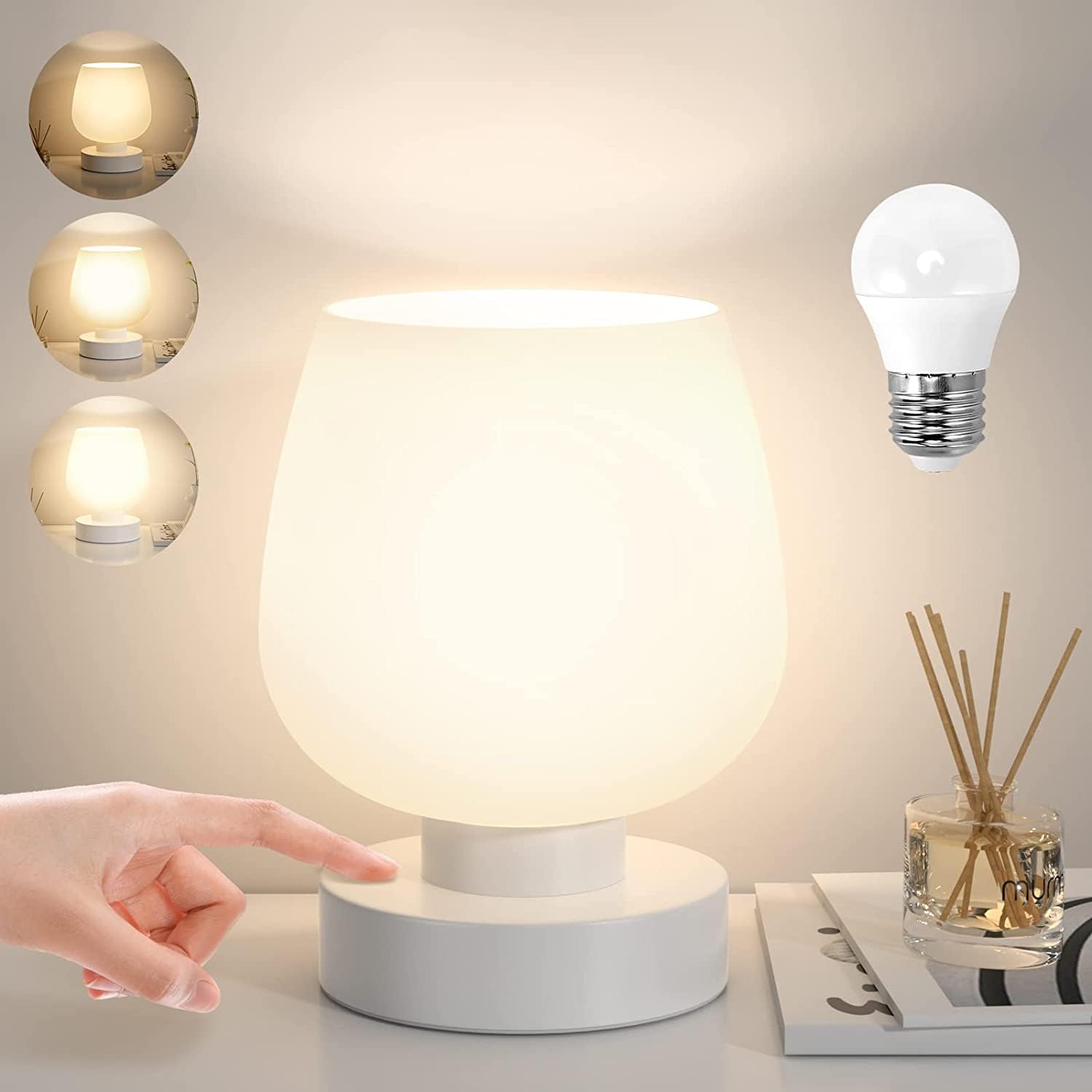 ANTOLE Beside Table Lamp for Bedroom Nightstand,Touch Bedside Lamp 3 Way Dimmable,Modern Small Table Lamp for Small Place with Glass Lampshade for Room Decor - Bulb Included