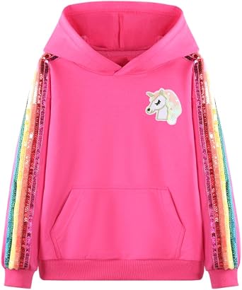 WELAKEN Unicorn Sweatshirt for Girls & Kids Pullover Hoodie with Rainbow Sequin Trim