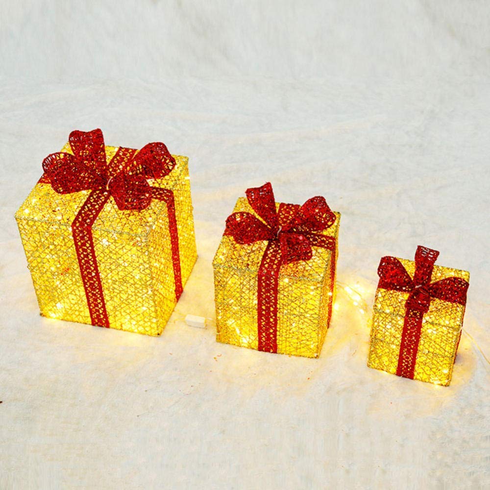 Cajas de regalo para Navidad, Juego de 3 cajas de regalo LED con iluminación decorativa navideña, hierro con lazo, juego de paquetes navideños cálidos(Gold)