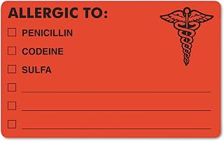 Tabbies Allergy Warning Labels, Allergic to: Penicilln, Codeine, Sulfa, 2.5 X 4, Fluorescent Red, 100/roll