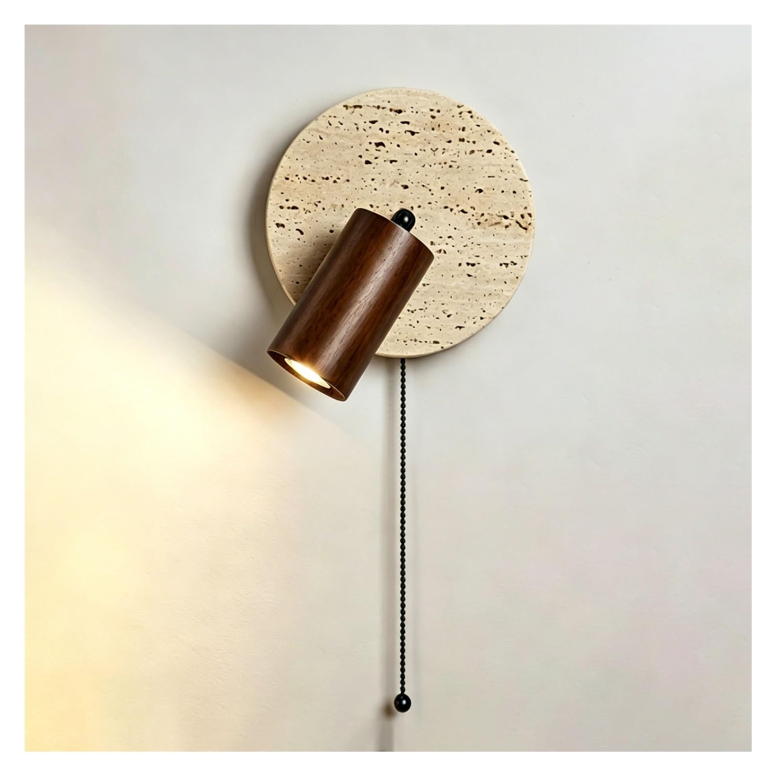LUOYAOB Yellow Travertine Wall Sconce Adjustable Rotatable Reading Light with Pull Switch Japanese Style Stone Wall Lamp Solid Wood Base Vintage Hardwired Wall Fixture E26/E27(Walnut -A)