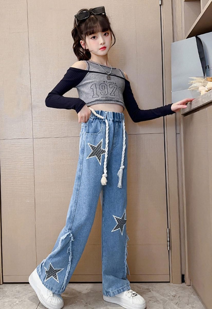Girls Kids Cute Patterns Jeans Denim Heart Shape Pants Elastic Waist Wide Leg Stars Denim Pants Age 5-14 Years - Image 6