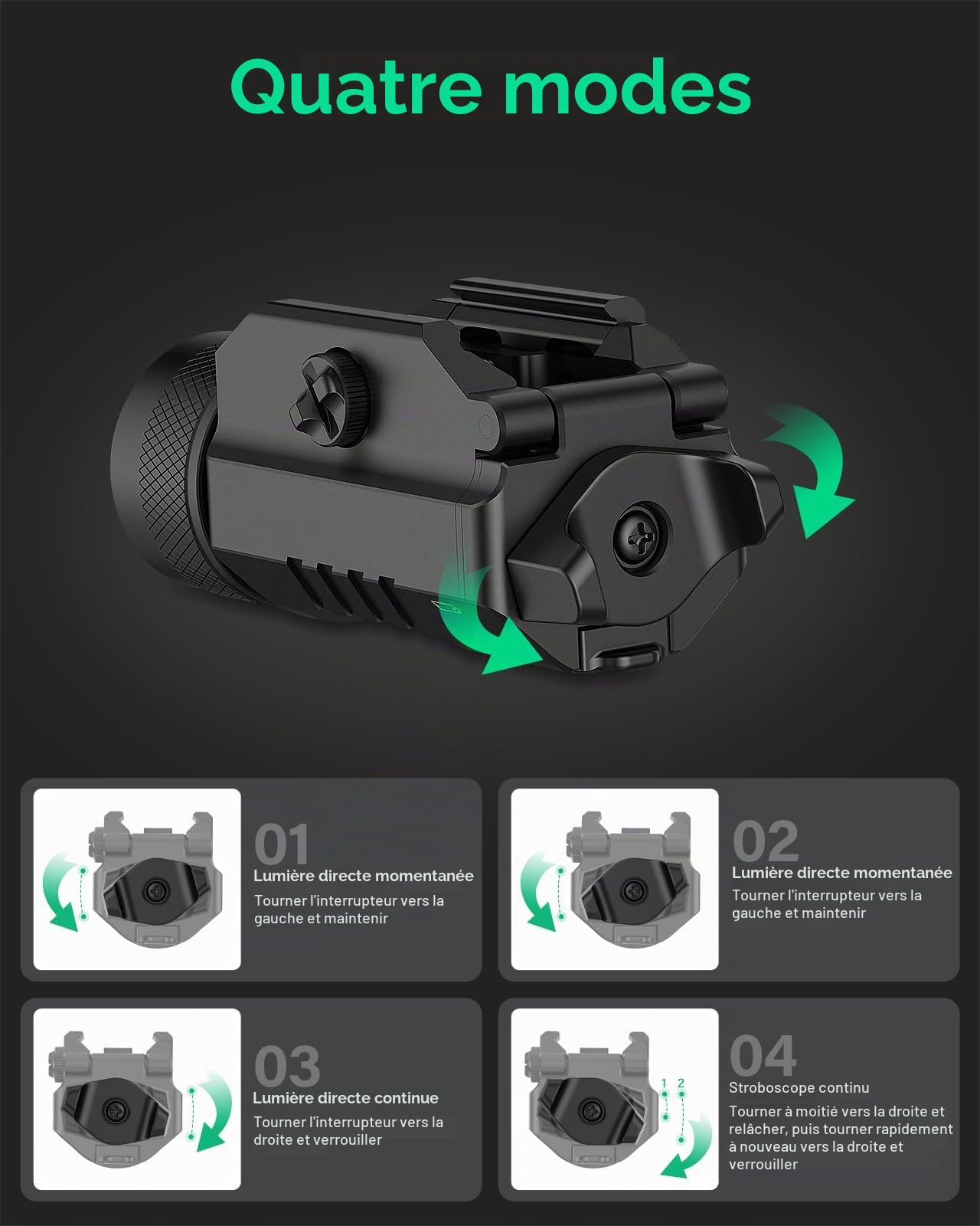 DARKFANG 1250 lumens Picatinny Track Lampe de Poche Tactique, extérieur stroboscopique/Stable/instantané multimode