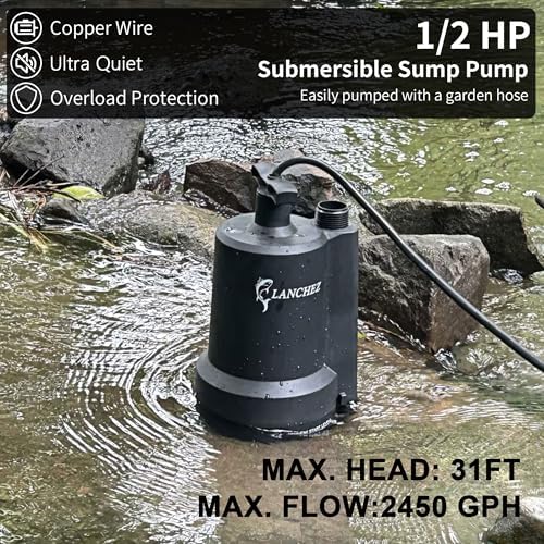 Lanchez 1/2 HP Sump Pump 2450GPH, Thermoplastic Portable Submersible Water Pump with 10FT Cord for Draining, Utility Water Pump for Pool Cover, Basement Flood, Garden Pond, and Hot Tubs — view 2