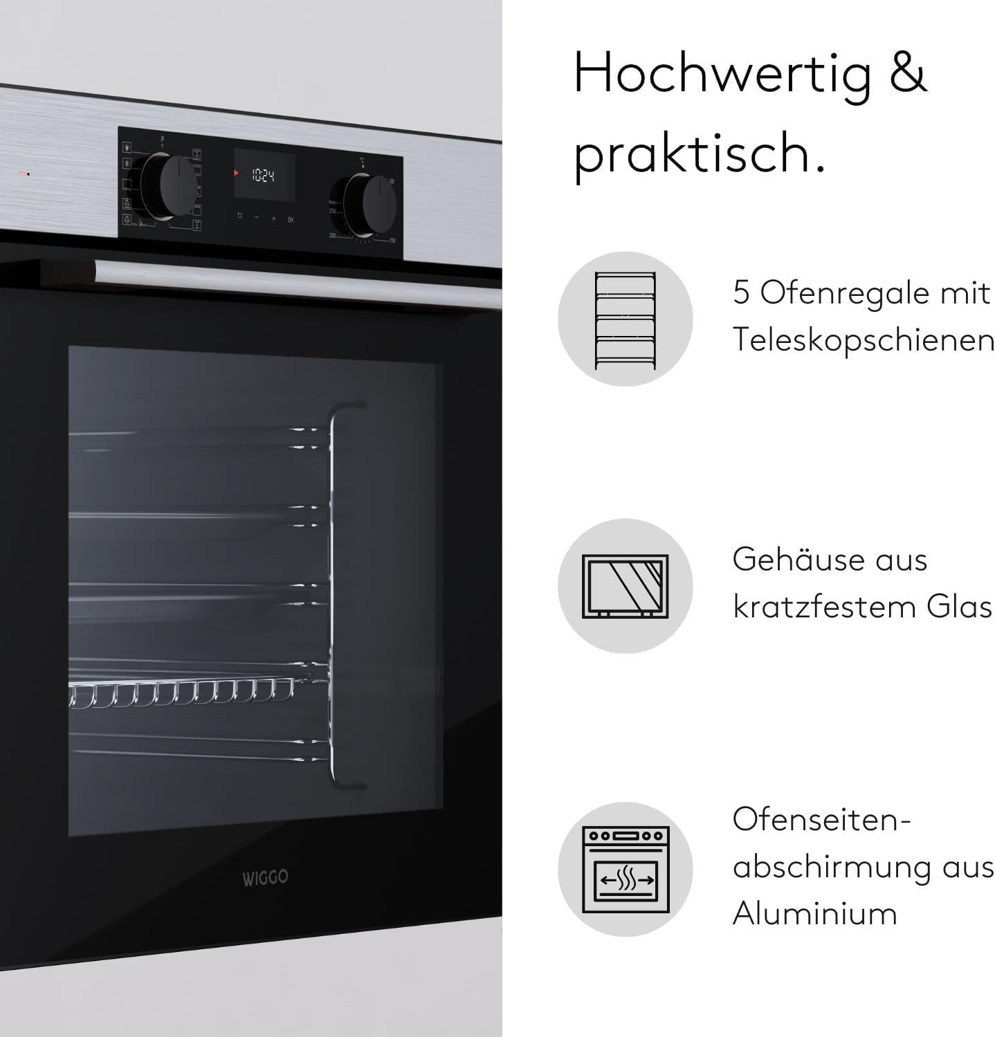[ Test SEHR GUT, Note 1.1 *] WIGGO Backofen Set Inox 60cm 73L mit Teleskopschienen & Airfry, Selbstreinigung, 10 Funktionen, Soft-Close, Einbaugerät Einbaubackofen [5 Jahre Garantie, Klasse A]