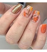 Thanksgiving Fall Press on Nails Short Square Fake Nails Orange Flower Leaf Champagne Gold Glitte...
