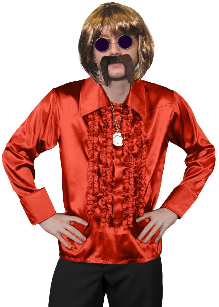 DISFRAZ DE DISCOTECA DE LOS 70 PARA HOMBRE - PELUCA LARGO MARRÓN PARA HOMBRE, CAMISA DISCOTECA VERDE, MEDALLÓN DE ORO, GAFAS AZULES, BIGOTE MARRÓN