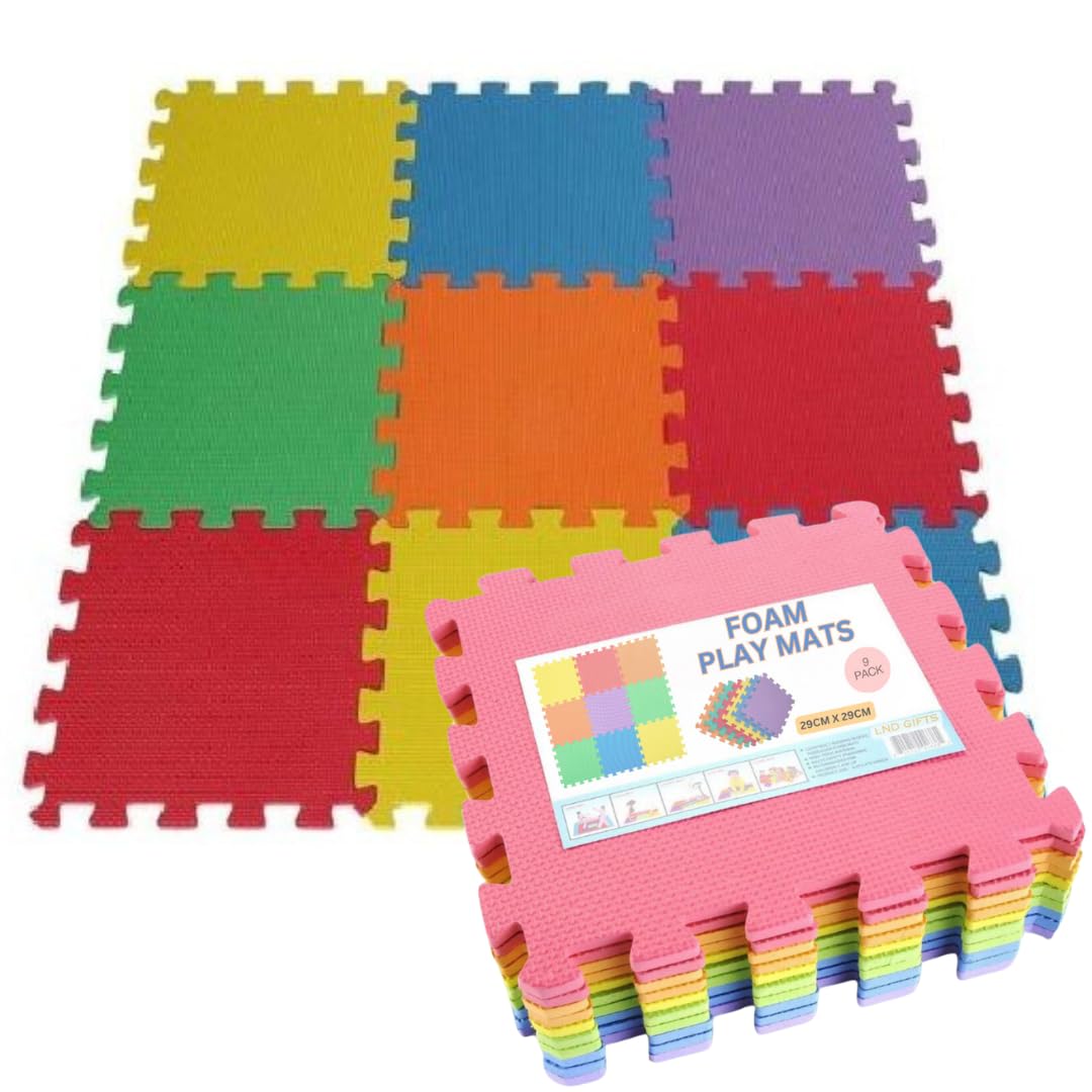 LND Gifts Children's Soft Foam Interlocking Play Mats, 29cm x 29cm, Colourful, 1 Pack (9 Play Mats) Kids Play Mats For Floor Interlocking 7mm Thick Foam Play Mat Soft EVA Baby Floor Tiles