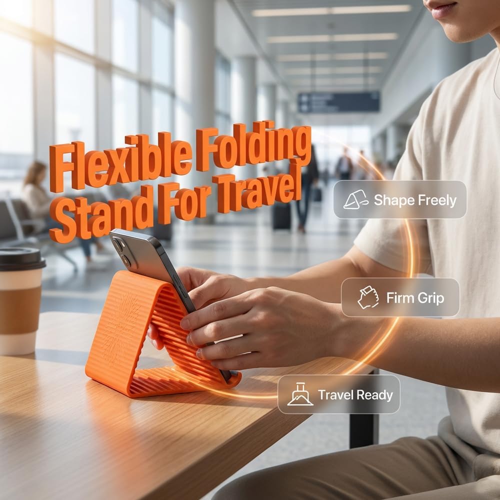 Portable Foldable Silicone Aluminum Phone Holder, 2026 New Flexible Silicone Phone Stand, Adjustable Airplane Phone Holder for Tablet Laptop Desk Travel Non-Slip Bed Office Treadmill (Orange, 2pcs)