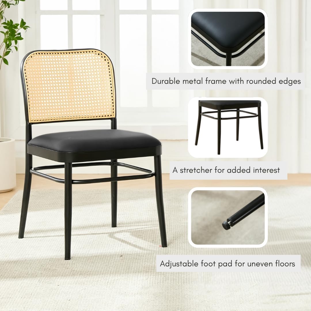 Rattan Dining Chairs Set of 4, Upholstered Faux Leather Dining Chairs with Cane Back, Mid Century Modern Kitchen & Dining Room Chairs, Boho Style, Black