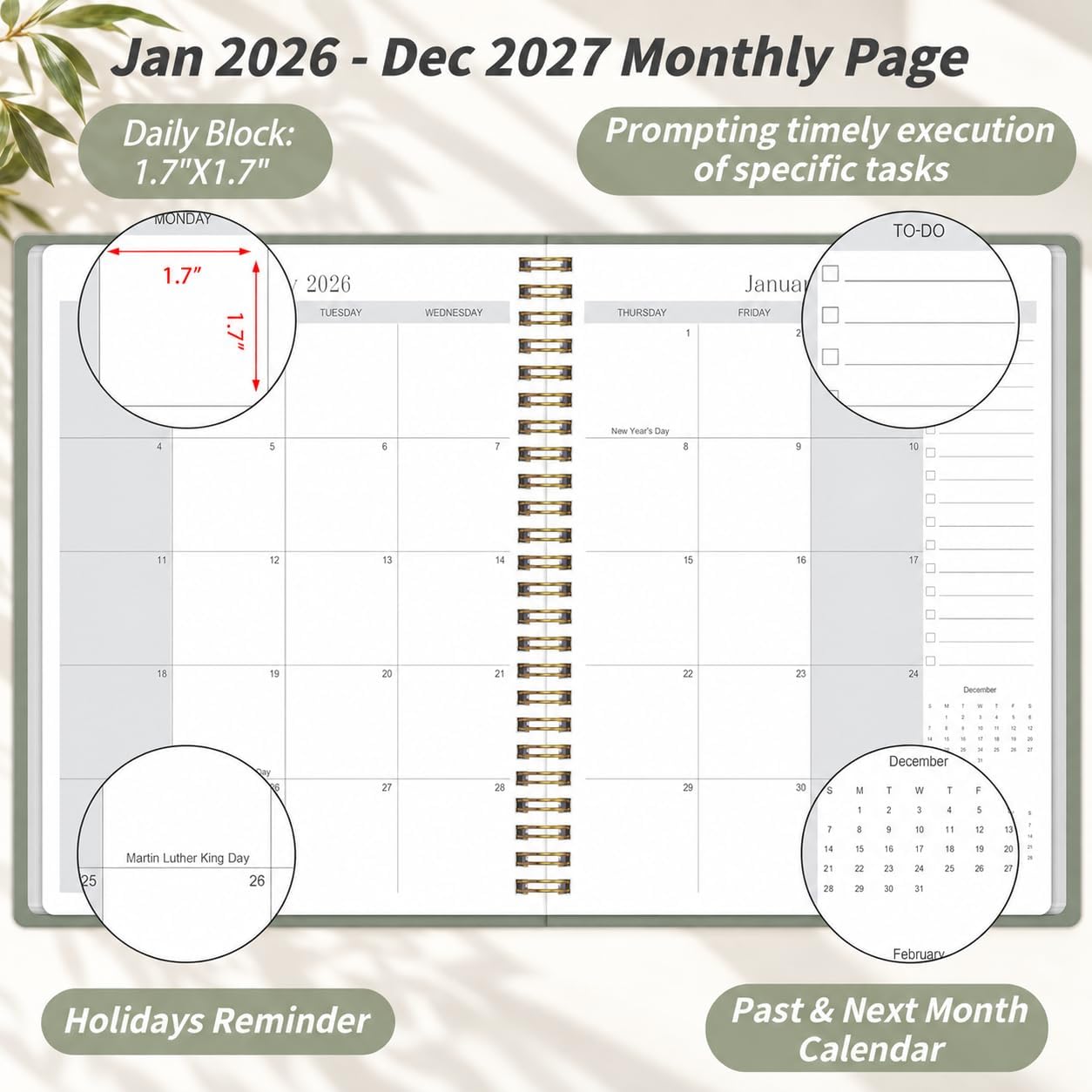 2026-2027 Monthly Planner - 2 Year Monthly Planner 2026-2027, Hard Cardboard Cover, Jan 2026 - Dec 2027, 7.5" x 10", 2 Year Calendar with 24 Month, Twin-wire Binding, Note Pages image 3