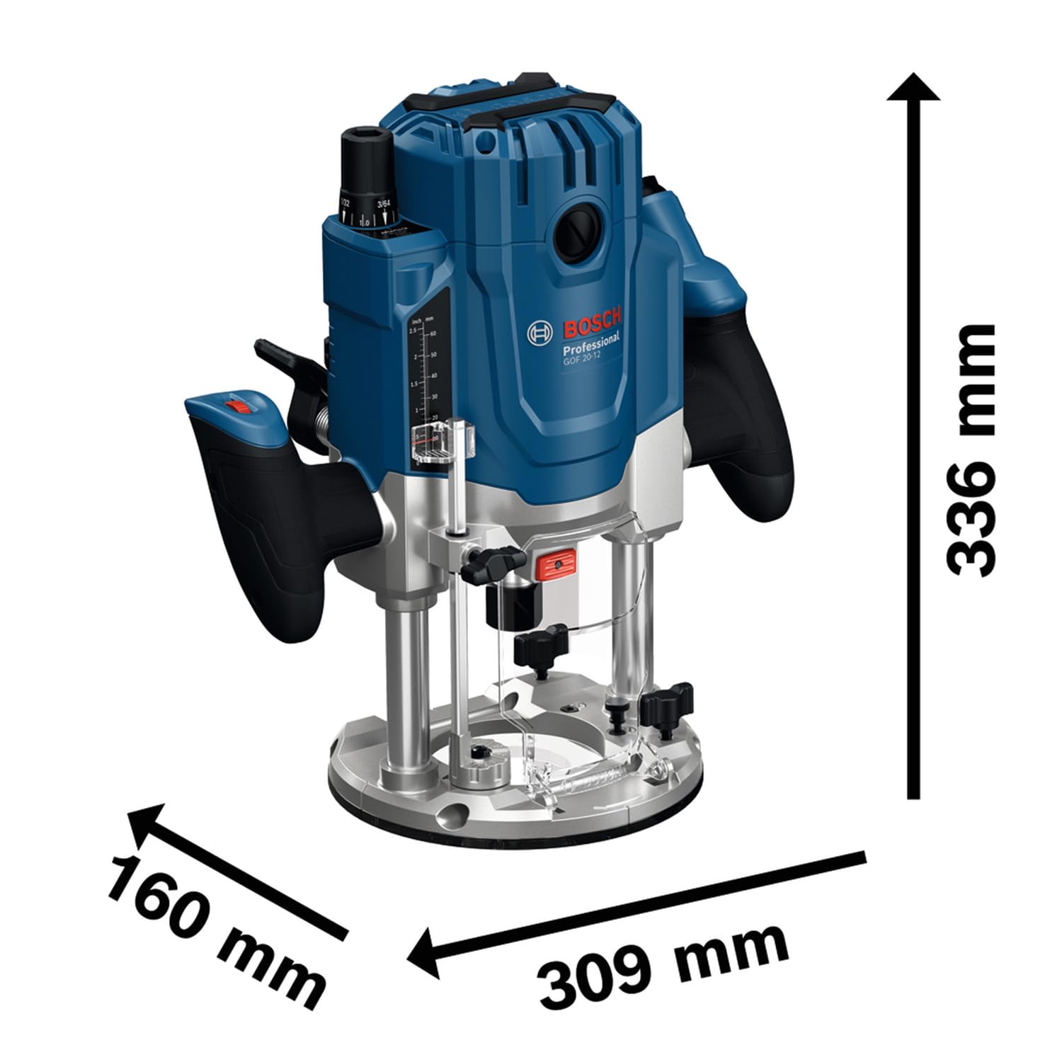 Bosch Professional fresadora con cable GOF 20-12 (potencia de 2000 W, incl., guía paralela, pasador de centrado, llave de vaso de 17/24 mm, set de pinzas, guía de plantilla de 17 mm, en L-BOXX)