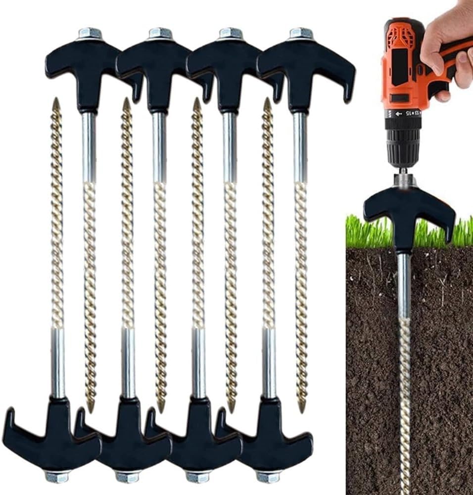 4 Picchetti A Vite Da 20 Cm Per Tenda E Vela Parasole – Ancoraggi Metallici Con Chiave A Y Per Campeggio E Giardino
