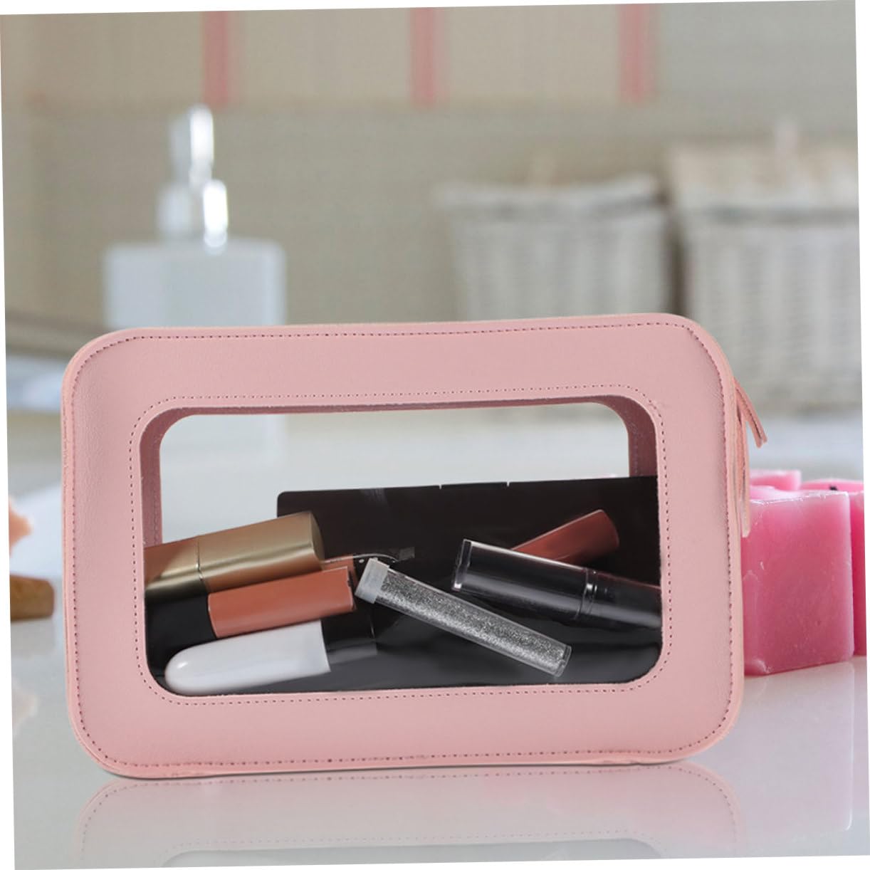Neceser de Viaje de PVC Transparente Cremallera, 2 Piezas Rosa