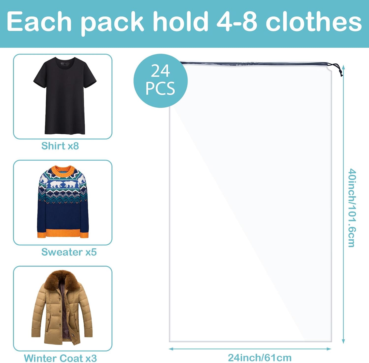 Heavy Duty Garment Moving Bags 24'' x 40'' Large Moving Bags to Transport Clothes Without Folding, Water Resistant, Ideal for Outerwear Jackets Shirts Drawstring Garment Storage(24 Pcs)