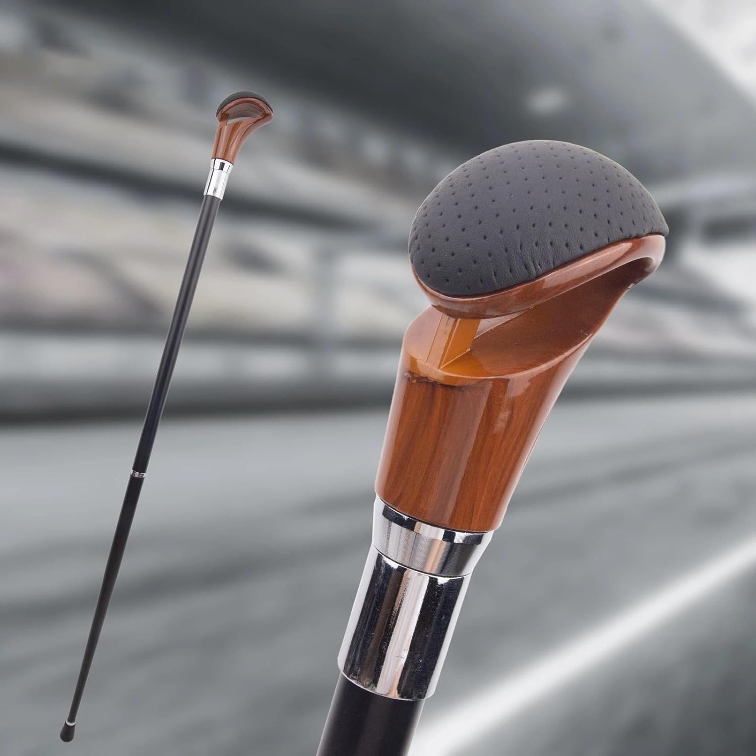 Dark Brown Leather Cover Walking Cane, Fashion Decorative Walking Stick Gentleman Elegant Cosplay Cane Knob Crosier 94cm