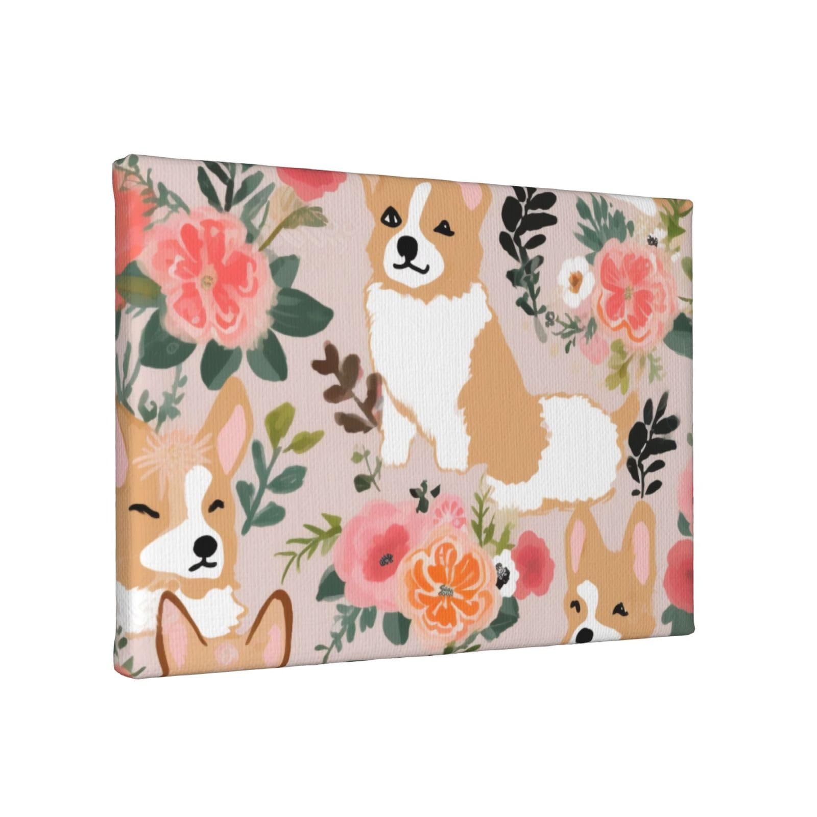 YKLJG Corgi Floral Flowers Printed Wall Art Canvas Painting 30x20 CM Wooden Framed Picture Painting Artwork Prints for Bedroom Kitchen Home Office Decor