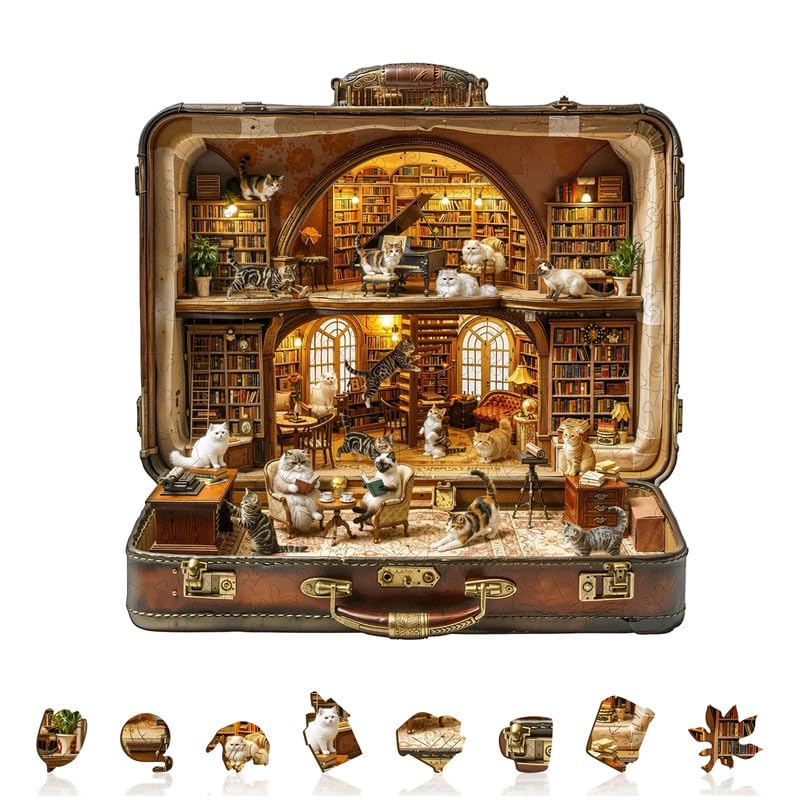Jigfoxy The Cat Library in the Suitcase Wooden Puzzles for Adults
