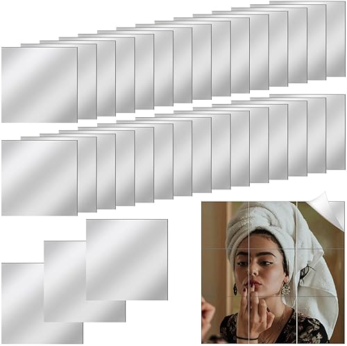 ROADPLUM 30 piezas de azulejos de espejo acrílicos autoadhesivos, 3 pulgadas, cuadrados de alta definición, pequeños azulejos de espejo para