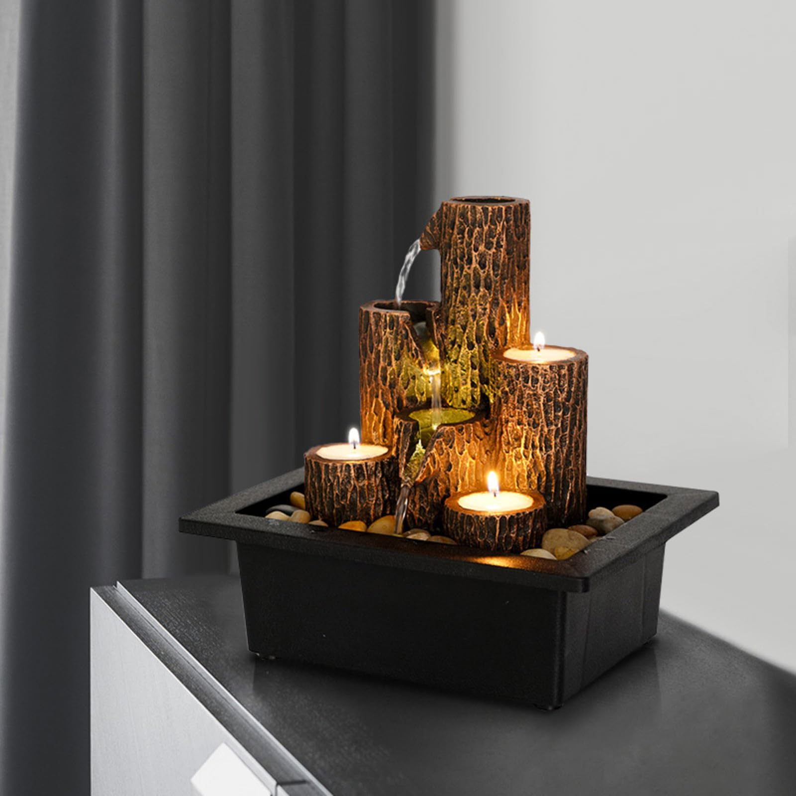 MIXIUJIEN Fontana da tavolo con struttura in legno naturale - Fontana a cascata a 3 livelli for il relax in casa e in ufficio