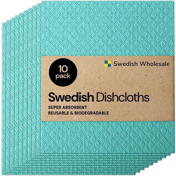 Swedish Wholesale Dishcloths Reusable 8' x 7' Sponge Cloths, Bulk 10 Pack of High Absorbent Cellulose Dish & Kitchen Cleaning Hand Towels, Wring to Dry & Machine Wash, Odor Resistant, Seafoam