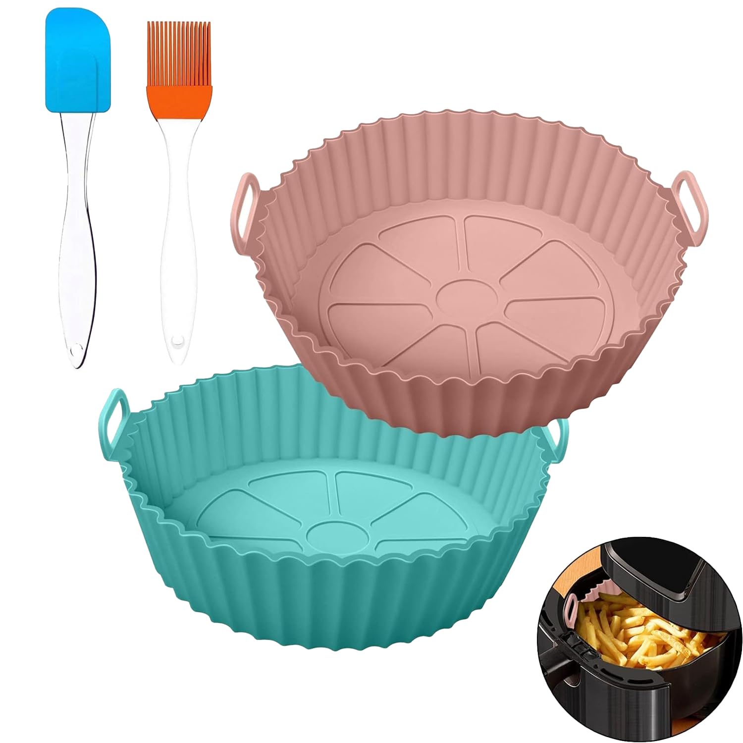 Round Airfryer Silicone Baking Tray Nonstick Reusable Heat Resistant Air Fryer Liner Basket Pot With Ear Handle Air Fryer Container Oven Accessories (Multicolor, Pack 2)-image-49